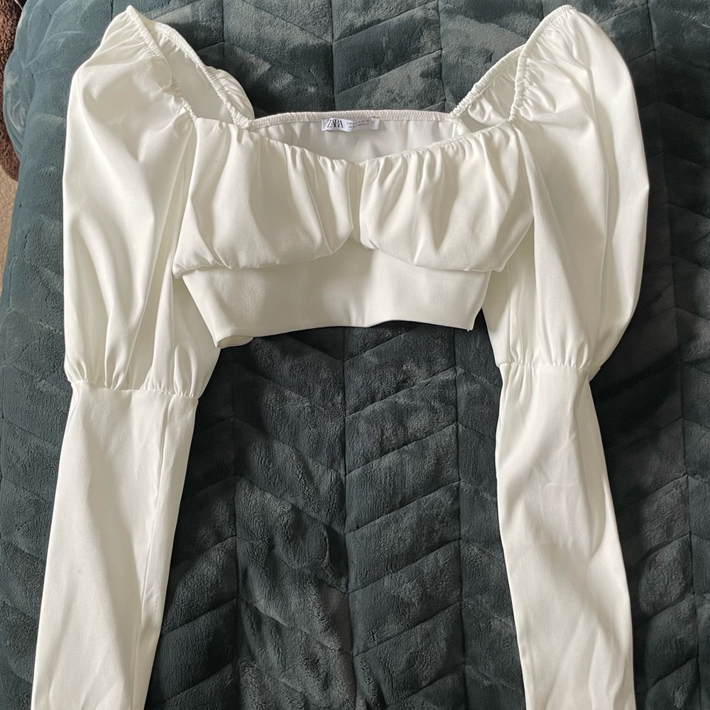 ZARA White Long Balloon Sleeve Milkmaid Crop Size S